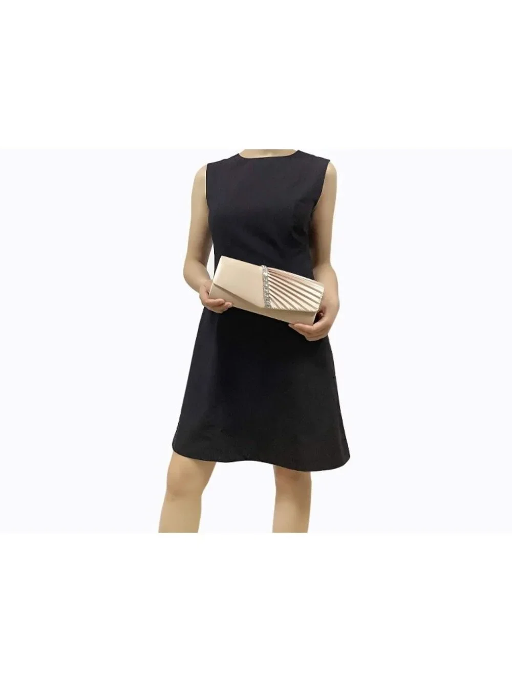 Women's Champagne Crystal Embellished Pleated Satin Clutch Purse For Evening Bag